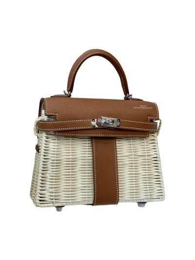 Hermes VIP Picnic Sellier Mini Kelly Osier Wicker Rouge Swift Tote Bag Brown Leather 523403