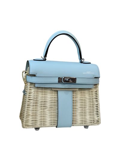 Hermes VIP Picnic Sellier Mini Kelly Osier Wicker Rouge Swift Tote Bag Light Blue Leather 523402