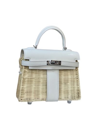 Hermes VIP Picnic Sellier Mini Kelly Osier Wicker Rouge Swift Tote Bag White Leathe 523401
