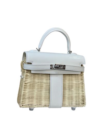 Hermes VIP Picnic Sellier Mini Kelly Osier Wicker Rouge Swift Tote Bag White Leather 523812