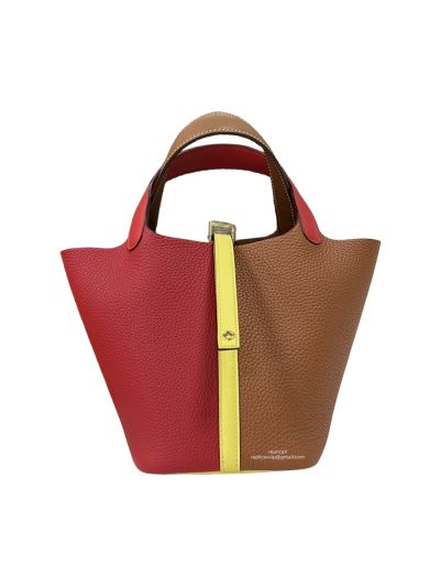 Hermes Vip Picotin Red Brown Swift Leather Bucket Hand Stitched Bag 18CM 523816