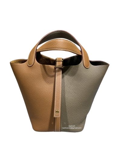 Hermes Vip Picotin Tan and Grey Leather Bucket Hand Stitched Bag 522263