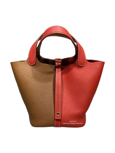 Hermes Vip Picotin Tan and Red Leather Bucket Hand Stitched Bag 522261