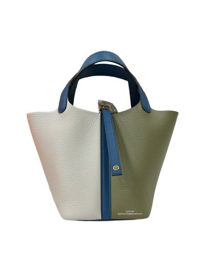 Hermes Vip Picotin White Green Swift Leather Bucket Hand Stitched Bag 18CM 523817
