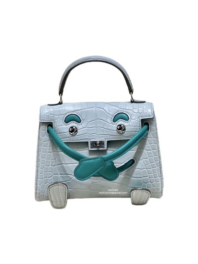 Hermes Vip Quelle Idole Kelly Doll Bag Palladium Hardware Sky Blue Nilo Crocodile Leather 522294