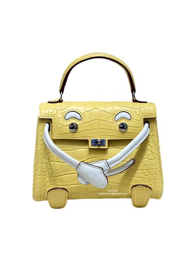 Hermes Vip Quelle Idole Kelly Doll Bag Palladium Hardware Yellow Nilo Crocodile Leather 522290