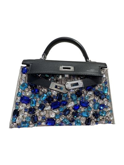 Hermes x LeBag Paris Bag Bestie Mini Kelly Bag Blue Ocean Treasure Swarovski Crystal Cover 19CM 524936