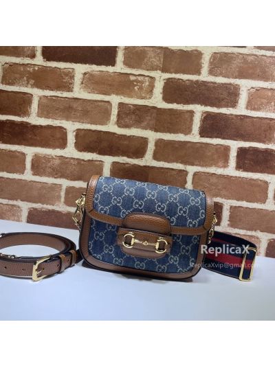 Gucci Horsebit 1955 Mini Shoulder Bag Blue GG Canvas and Brown Leather 658574