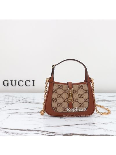 Gucci Jackie 1961 Mini GG Hobo Shoulder Bag 675799 in Camel and Ebony GG Canvas with Crystals