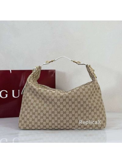Gucci Large GG Hobo Shoulder Bag with Interlocking G 696011 in Beige and White GG Supreme Canvas