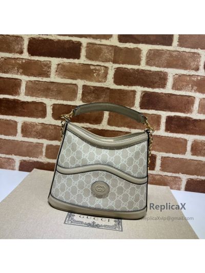 Gucci Large GG Hobo Shoulder Bag with Interlocking G 696011 in Beige and White GG Supreme Canvas