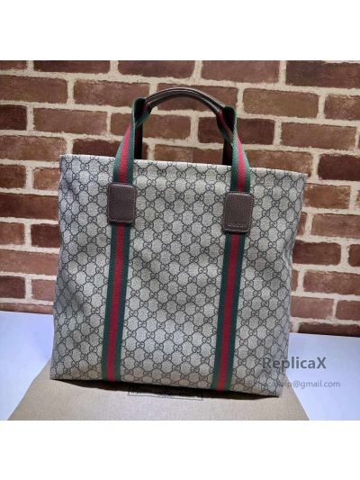 Gucci Large Tote Bag with Web Detail 763287 in Beige/Brown GG Monogram with Brown Leather and Green-Red Web