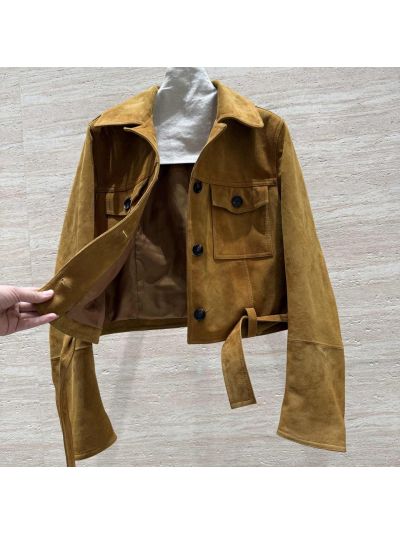 Loewe Leather Button-Front Jacket in Mustard