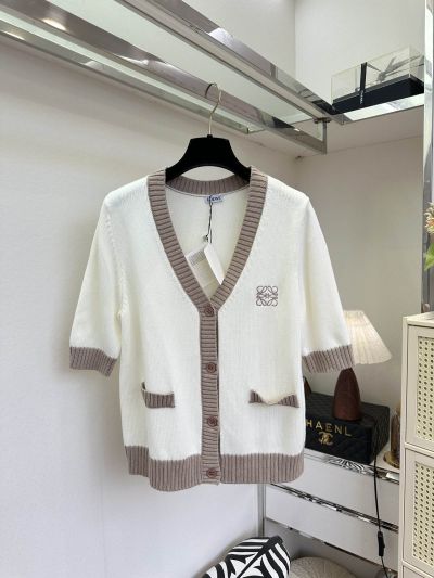 Loewe V-Neck Embroidered Cardigan in White and Beige