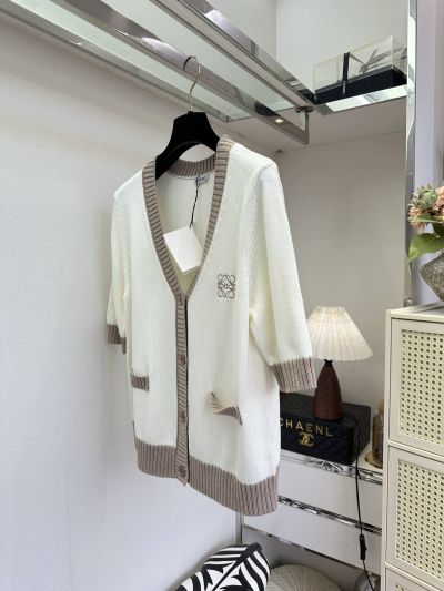Loewe V-Neck Embroidered Cardigan in White and Beige