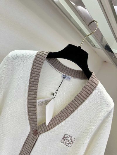 Loewe V-Neck Embroidered Cardigan in White and Beige