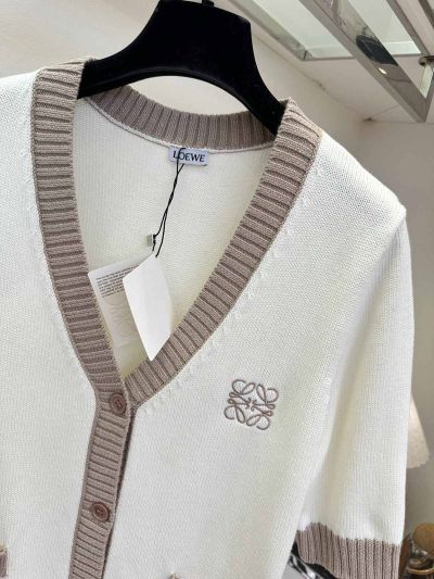 Loewe V-Neck Embroidered Cardigan in White and Beige