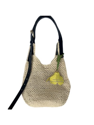Loewe Small Punch Hole Hobo Shoulder Bag Beige Raffia and Calfskin 