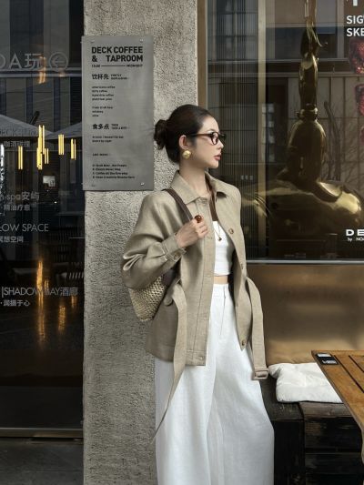 Loro Belted Button-Front Jacket in Beige