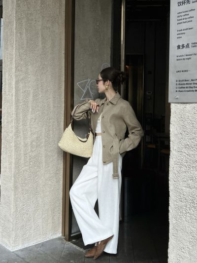 Loro Belted Button-Front Jacket in Beige