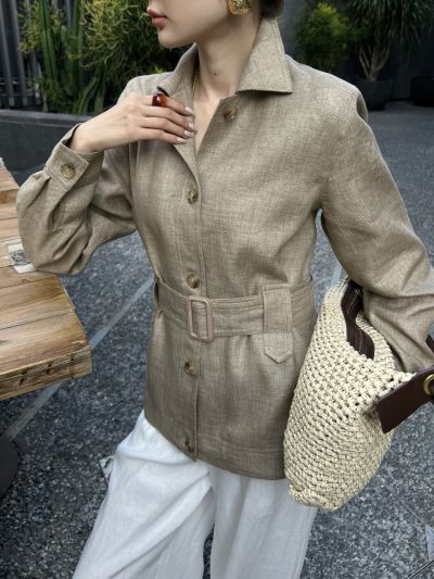 Loro Belted Button-Front Jacket in Beige