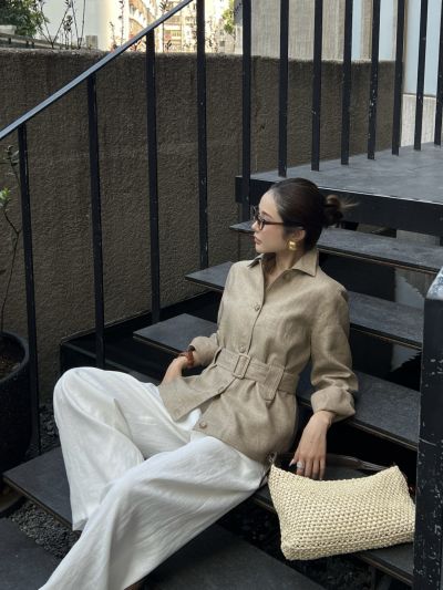Loro Belted Button-Front Jacket in Beige