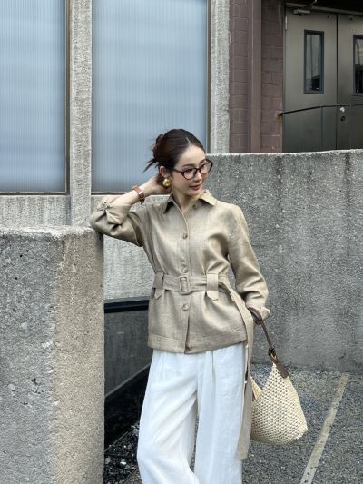 Loro Belted Button-Front Jacket in Beige
