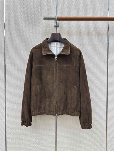 Loro Piana Plaid Leather Coat in Brown