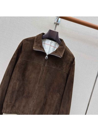 Loro Piana Plaid Leather Coat in Brown
