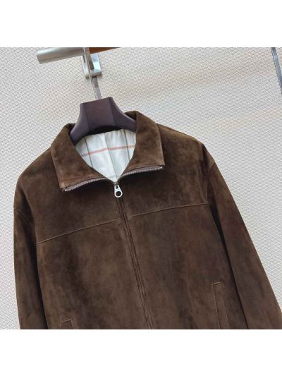 Loro Piana Plaid Leather Coat in Brown