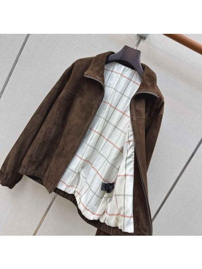 Loro Piana Plaid Leather Coat in Brown