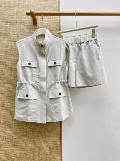 Loro Piana Stand Collar Sleeveless Set in White