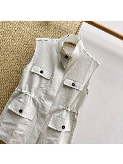 Loro Piana Stand Collar Sleeveless Set in White