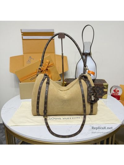 Louis Vuitton Beige Suede-Look Shoulder Bag with Monogram Trim Premium