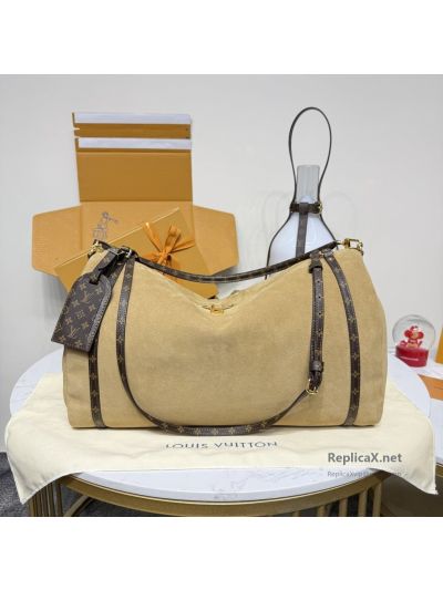 Louis Vuitton Beige Suede-Look Wide Shoulder Bag with Monogram Trim Premium
