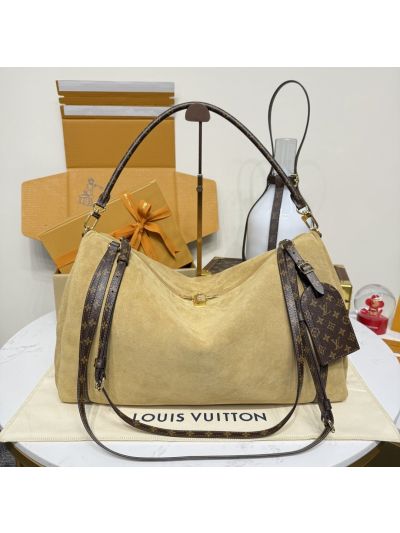 Louis Vuitton Beige Textured Shoulder Bag with Monogram Trim