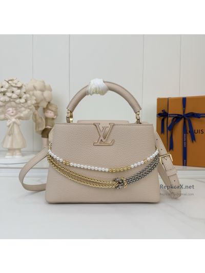 Louis Vuitton Beige Top Handle Bag with Beaded Chain Detail