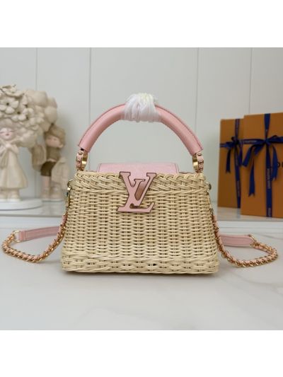Louis Vuitton Beige Woven-Look Top Handle Bag with Pink Trim