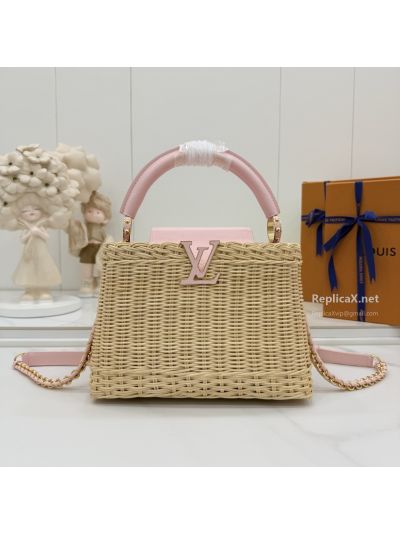 Louis Vuitton Beige Woven Top Handle Bag with Pink Trim