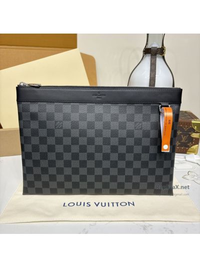 Louis Vuitton Black and Grey Checkerboard Zip Pouch with Orange Tab Premium