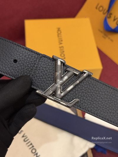 Louis Vuitton Black and Navy Belt with Dark Silver-Toned LV Buckle