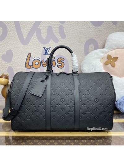 Louis Vuitton Keepall Bandoulière 50 Black Embossed Monogram Duffle Bag M59025