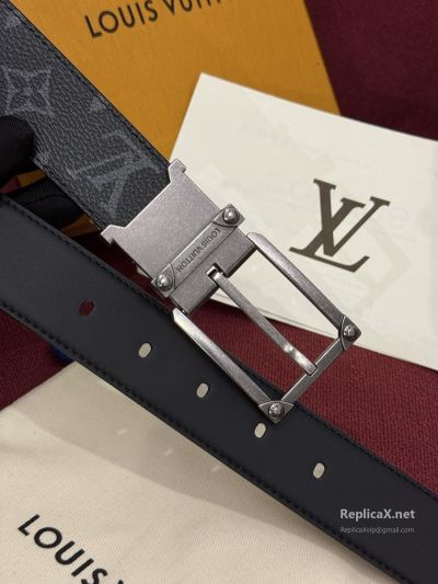 Louis Vuitton Black Monogram Belt with Silver-Toned Frame Buckle