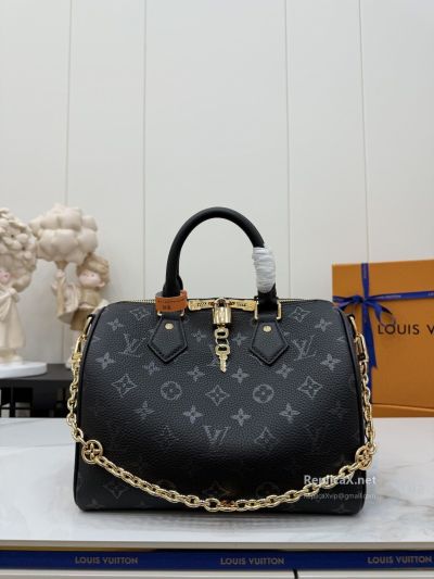 Louis Vuitton Speedy Bandoulière 25 Black Monogram Top Handle Bag with Chain Detail M26486 Premium