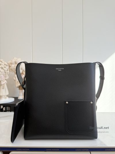 Louis Vuitton Black Shoulder Tote with Front Patch Pocket Premium
