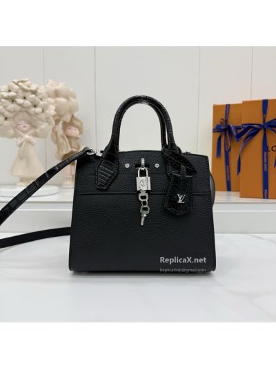 Louis Vuitton Black Structured Top Handle Bag with Textured Trim Premium