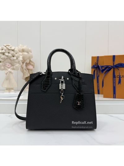 Louis Vuitton Black Structured Top Handle Tote with Textured Trim Premium