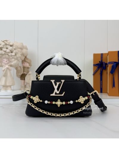 Louis Vuitton Black Top Handle Bag with Beaded Chain Detail
