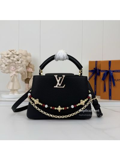 Louis Vuitton Black Top Handle Bag with Beaded Chain Detail