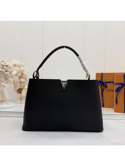 Louis Vuitton Black Wide Top Handle Bag with V Detail